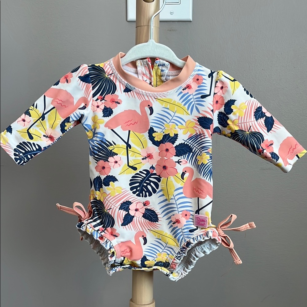 Ruffle Butts Pink Flamingo Tropical Print Kids Swim Rashguard